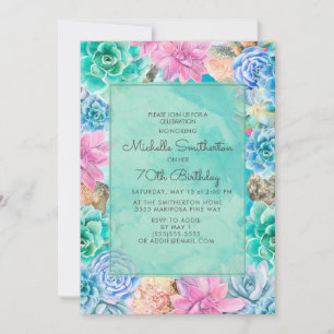 Invitation Rose Bleu Vert Floral Succulents 70e anniversaire