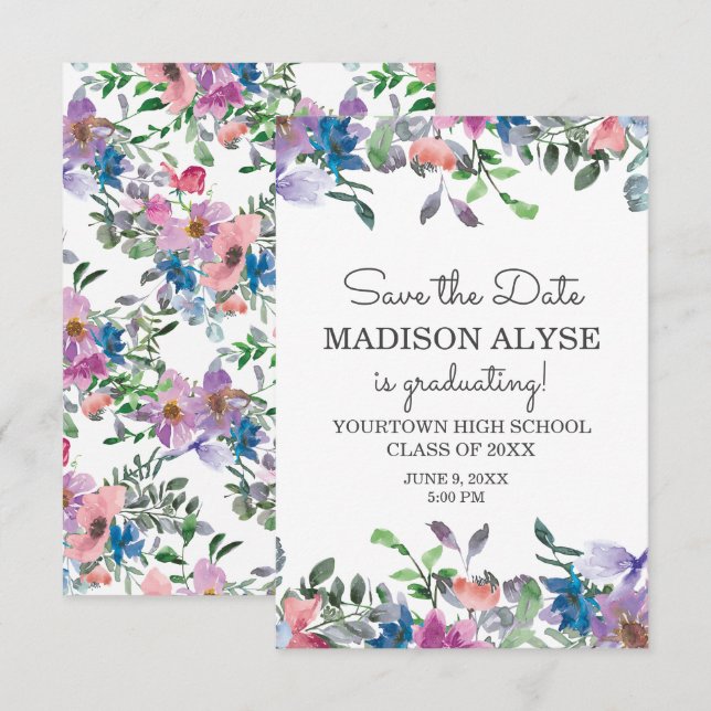 Invitation Rose Bleu Violet Floral Graduation Save Date (Devant / Derrière)
