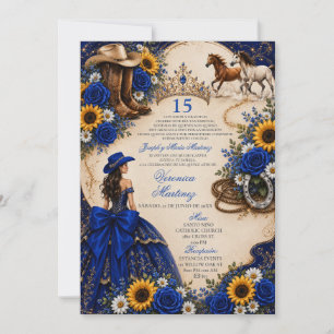 Invitation Rose bleue royale Tournesol Western Quinceañera