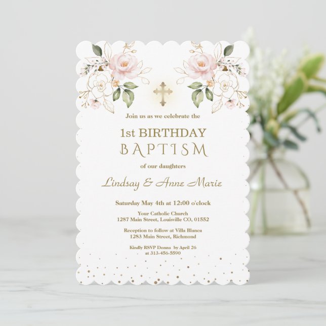 Invitation Rose Blue Floral Girls Twins 1er Anniversaire Bapt (Debout devant)