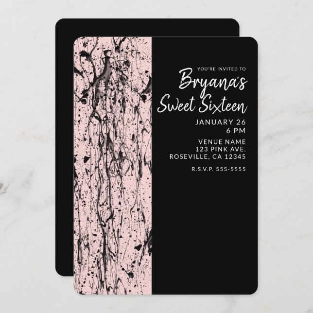 Invitation Rose Blush & Black Paint Sweet 16 TOUTE PARTIE AGE (Devant / Derrière)