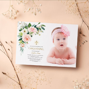 Invitation Rose Blush Blanc Floral Photo Girl Christening