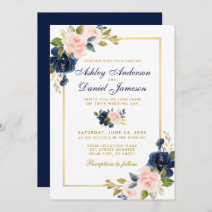 Invitation Rose Blush Blue Floral élégant mariage Gold Frame