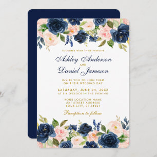 Invitation Rose Blush Blue Floral Élégant Mariage or R
