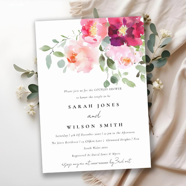Invitation Rose Blush Bourgogne Rose Aquarelle Couples Douche (Créateur téléchargé)