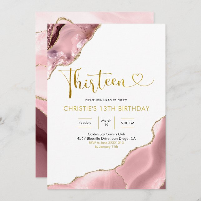 Invitation Rose Blush et Or Agate Treize Anniversaire Invita (Devant / Derrière)