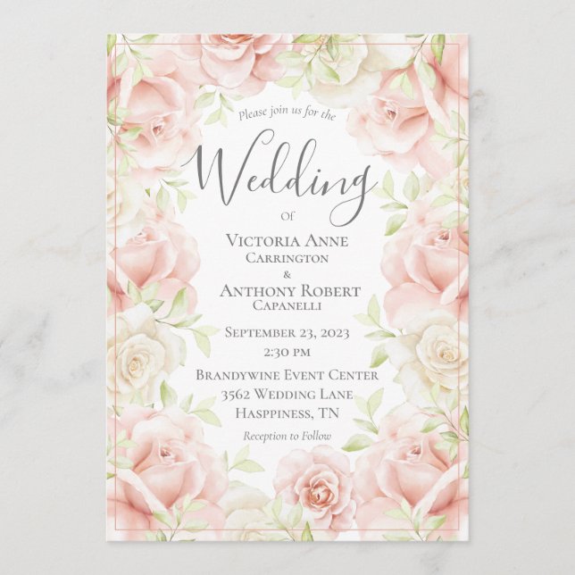 Invitation Rose Blush Floral Élégant Mariage romantique (Devant)