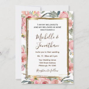 Invitation Rose Blush Floral Gold Frame Mariage chrétien