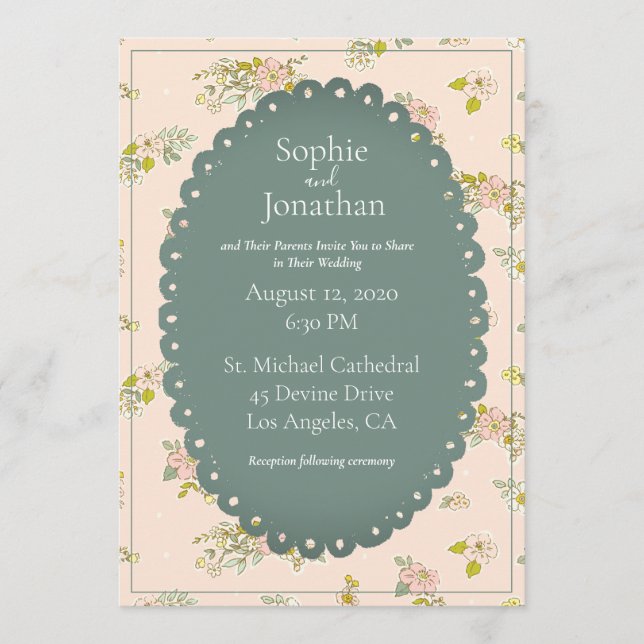 Invitation Rose Blush Floral Vert Rustique Mariage (Devant)