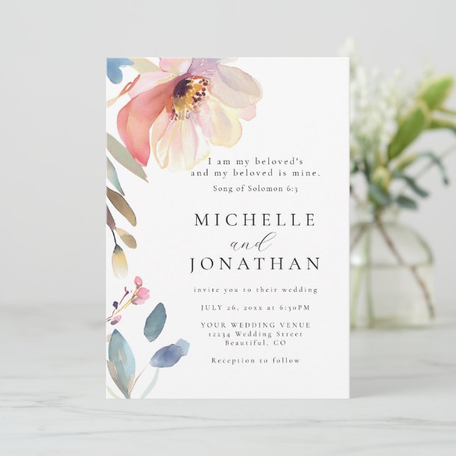 Invitation Rose Blush Flower Moderne Bible chrétienne Mariage (Debout devant)