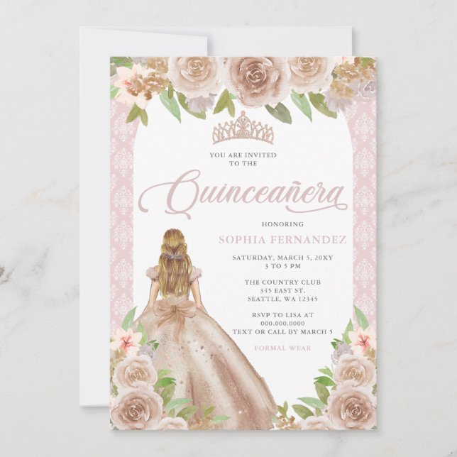 Invitation Rose Blush Gold Floral Princesse Tiara Quinceañera (Devant)