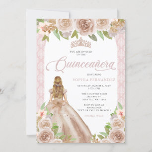 Invitation Rose Blush Gold Floral Princesse Tiara Quinceañera