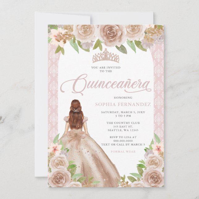 Invitation Rose Blush Gold Floral Princesse Tiara Quinceañera (Devant)
