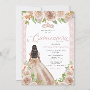 Invitation Rose Blush Gold Floral Princesse Tiara Quinceañera