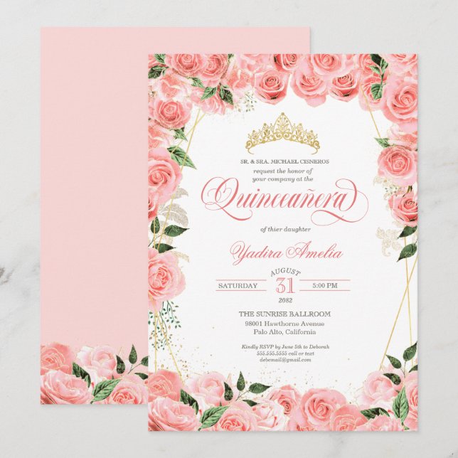 Invitation Rose Blush & Gold Glam Roses Elegant Quinceanera (Devant / Derrière)