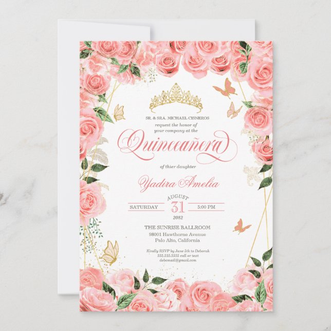 Invitation Rose Blush Gold Rose Élégant papillon Quinceanera (Devant)