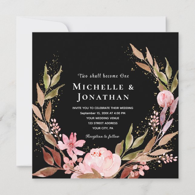 Invitation Rose Blush or Floral sur le Mariage chrétien noir (Devant)