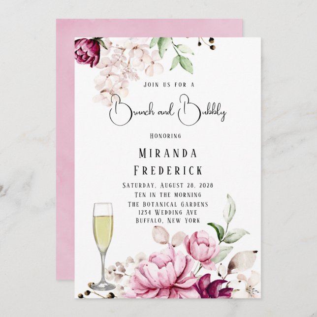 Invitation Rose & Blush Paint Peony Brunch et Bubbly (Devant / Derrière)