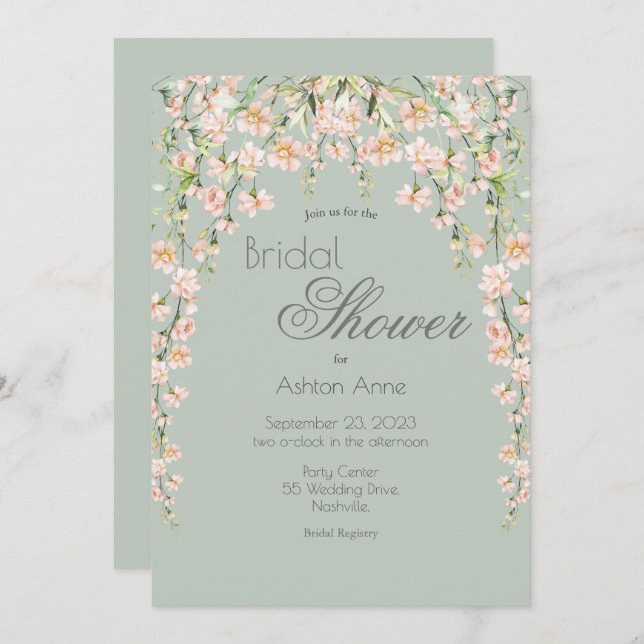 Invitation Rose Blush Sage Vert Floral Fleur sauvage Bride (Devant / Derrière)
