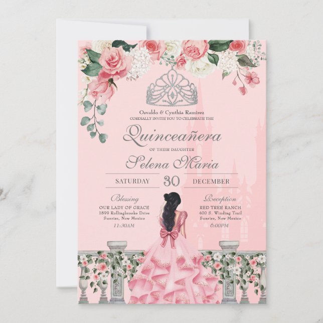 Invitation Rose Blush Silver Tiara Royal Princess Quinceañera (Devant)