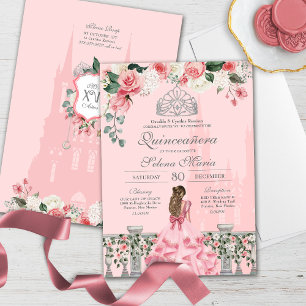 Invitation Rose Blush Silver Tiara Royal Princess Quinceañera