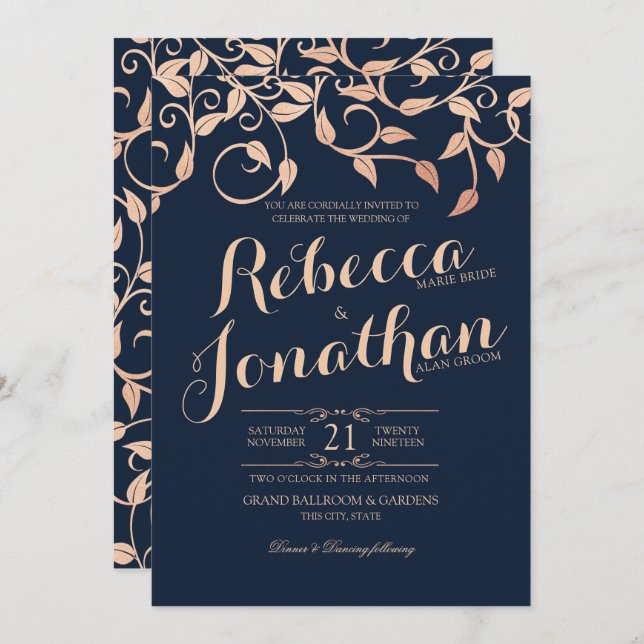 Invitation Rose Blush Vine et Mariage Feuille (Devant / Derrière)