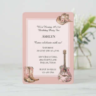 Invitation Rose Blush Western Cowgirl Floral Guitare Annivers