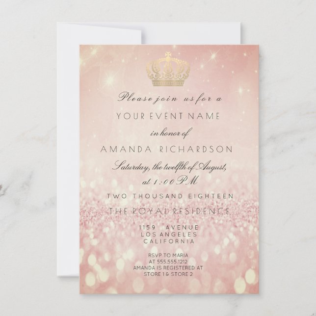 Invitation Rose BlushPailletes  Couronne Royale Pailletée 16e (Devant)