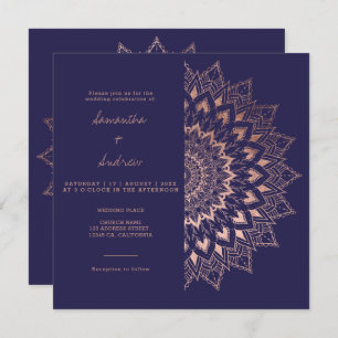 Invitation Rose bohème or floral mandala marine mariage