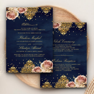 Invitation Rose Bohème Rose Motif Islamique Marine Mariage Mu