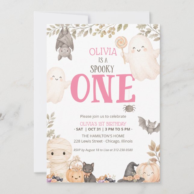 Invitation Rose Boho Fantomatique Un An Cute Ghost  (Devant)