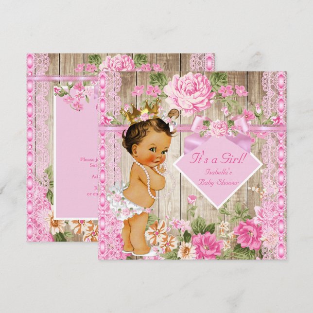 Invitation Rose Bois Rustique Princesse Baby Shower Brunette (Devant / Derrière)
