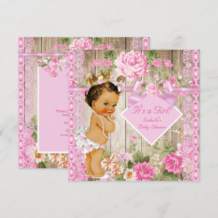 Invitation Rose Bois Rustique Princesse Baby Shower Brunette