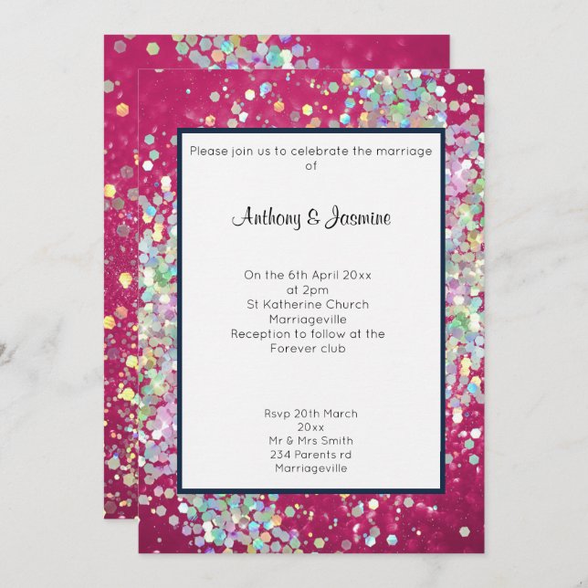 INVITATION ROSE BOKEH NAVY TRIM HOLOGRAPHIQUE PASTEL MARIAGE (Devant / Derrière)
