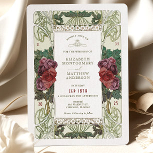 Invitation Rose Bourgogne Bleu Nuit Art Nouveau Mucha