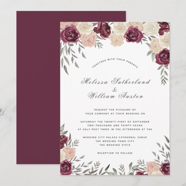 Invitation Rose Bourgogne Poussiéreux Rose Mariage (Devant / Derrière)