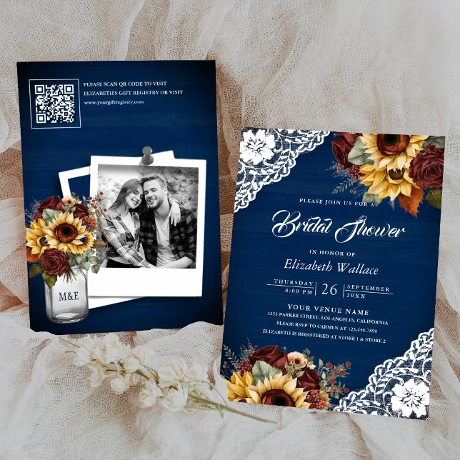 Invitation Rose Bourgogne Tournesol Marine Code QR Réception  (Créateur téléchargé)