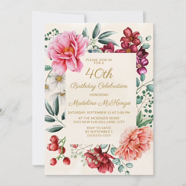 Invitation Rose Bourguignon Floral 40e Anniversaire (Devant)