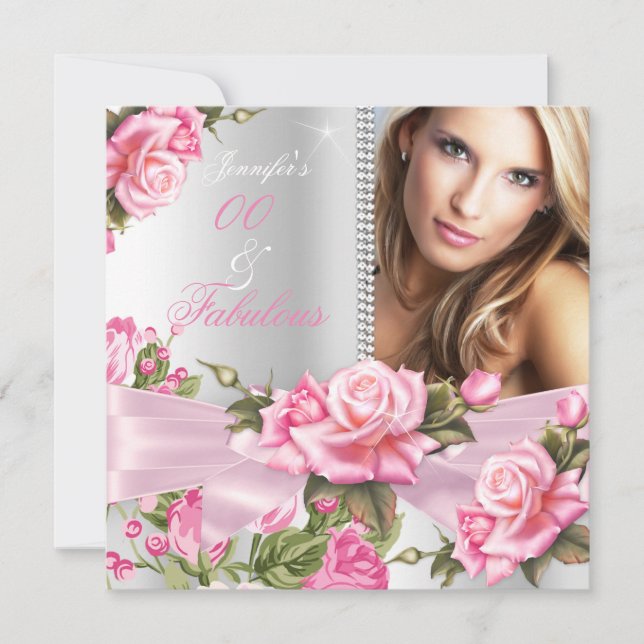 Invitation Rose Bow Photo Fabrique Argent Anniversaire (Devant)