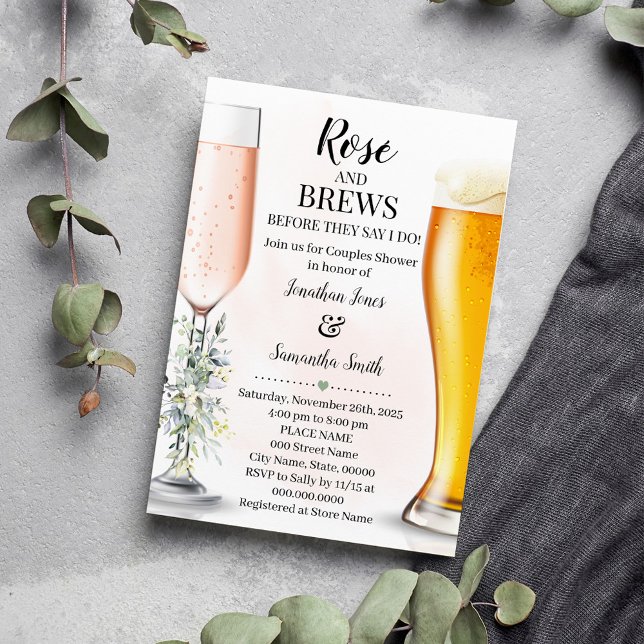 Invitation Rose & Brews Couples Mariage Eucalyptus Verdure (Rose and Brews Before They say I do, Couples Shower Invitation)