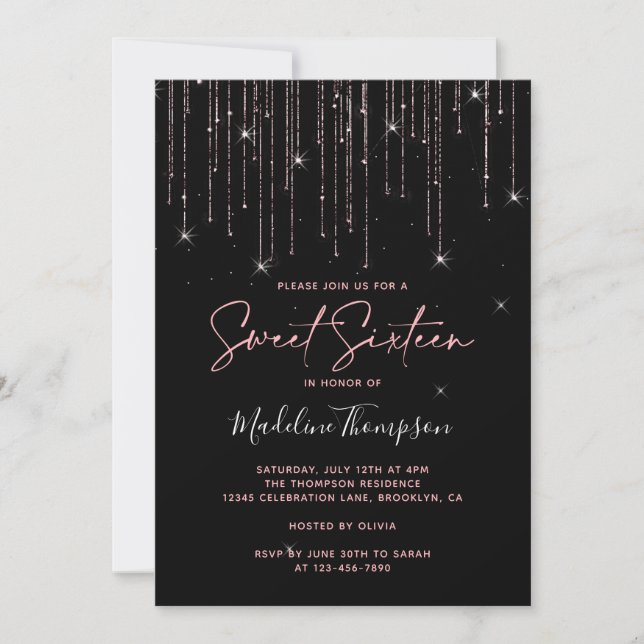 Invitation Rose brillant  or noir Sweet sixteen (Devant)