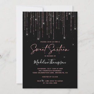 Invitation Rose brillant  or noir Sweet sixteen