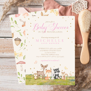 Invitation Rose Brown fille Aquarelle Bois Animaux