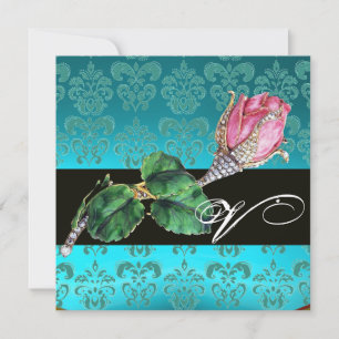 INVITATION ROSE BUD DIAMANT PINK , MONOGRAMME DAMAS BLEU
