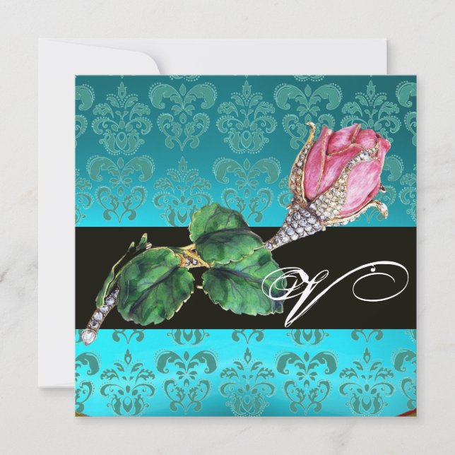 INVITATION ROSE BUD DIAMANT PINK , MONOGRAMME DAMAS BLEU (Devant)