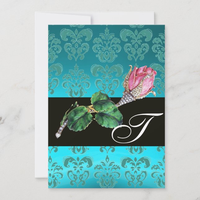 INVITATION ROSE BUD DIAMANT POURPRE, MONOGRAMME EN DAMAS BLEU (Devant)