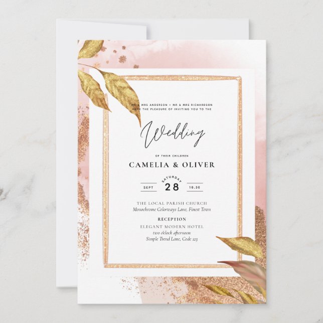 Invitation ROSE BUDGET Gold Feuilles de mariage Inviter QR Co (Devant)