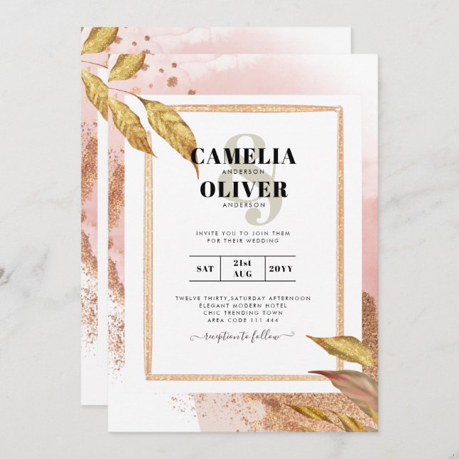 Invitation ROSE BUDGET Gold Feuilles de mariage Inviter QR Co (Devant / Derrière)