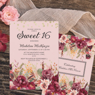 Invitation Rose Burgundy Floral Pailleté Or Sweet 16