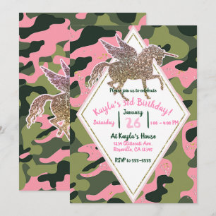 Invitation Rose Camouflage Vert Camo & Licorne de Parti en Or